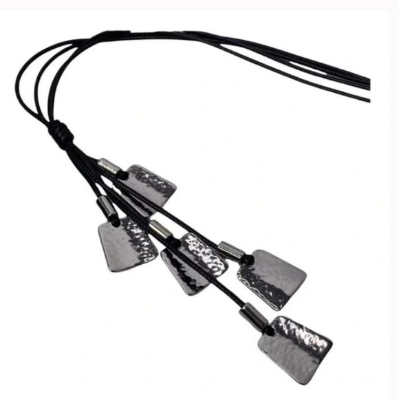 Chico’s Hammered Silver Long Necklace Black Cord - Picture 4 of 9